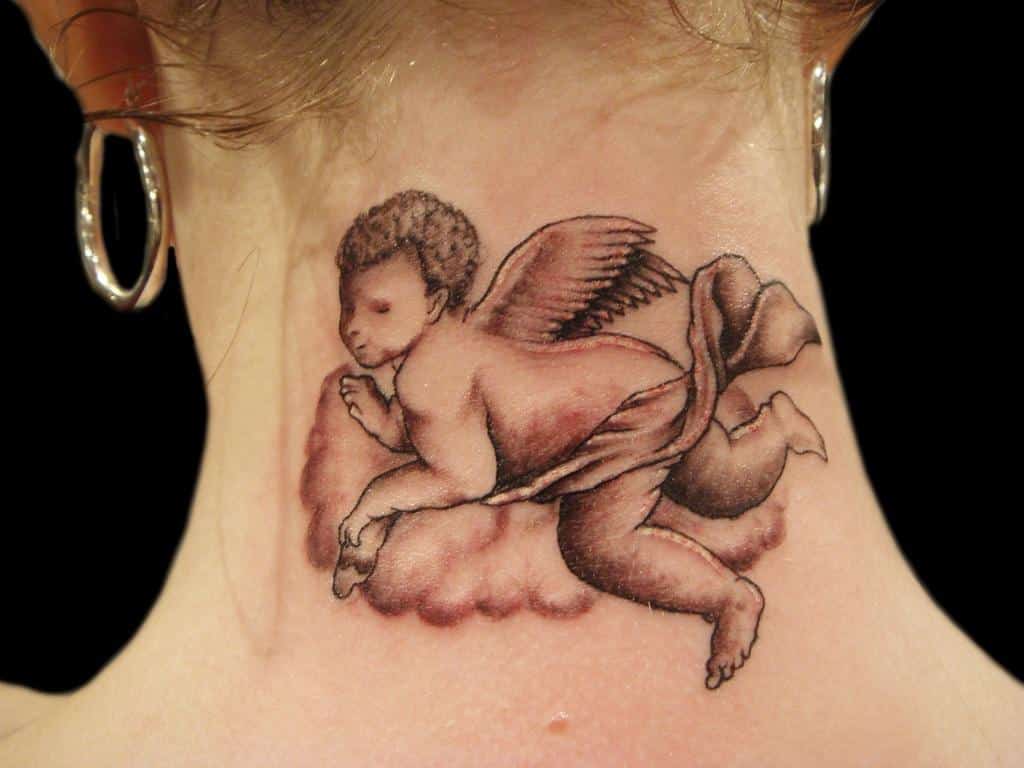 cherub-on-clouds-back-neck-tattoo-for-girls