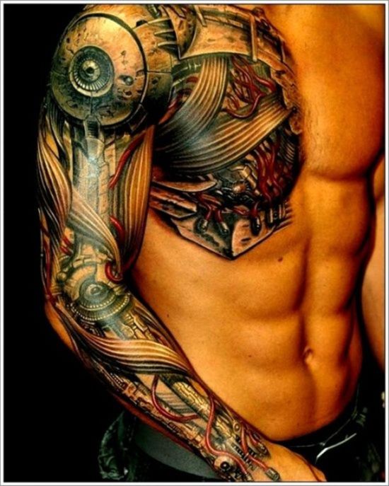 Amazing-biomechanical-tattoo-on-chest-and-sleeves