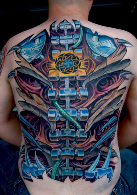 Colourful-biomechanical-back-tattoo-idea