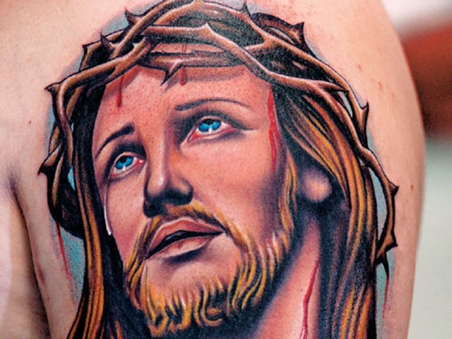 color jesus religious tattoo left half sleeve