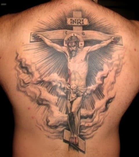 jesus-cross-and-clouds-tattoos-on-back