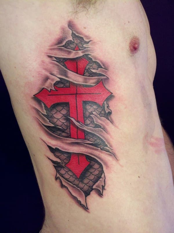 ripped-skin-red-cross-christian-tattoo-on-side-rib