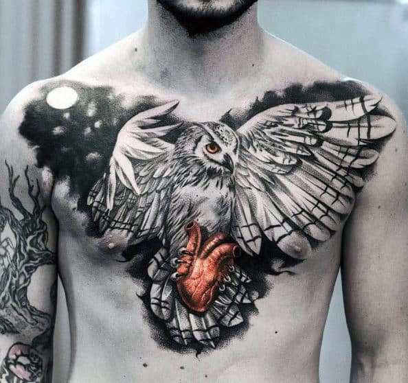 mens-badass-chest-tattoos-of-owl-with-glowing-red-heart