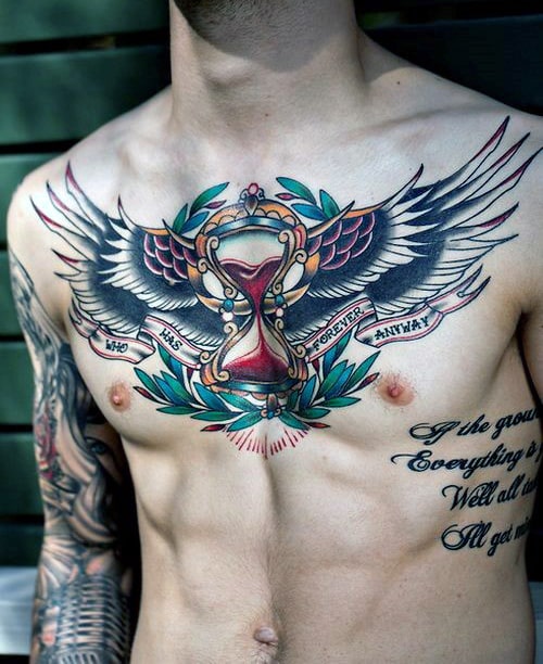 traditional-american-badass-hourglass-eagle-wings-chest-tattoos-for-males