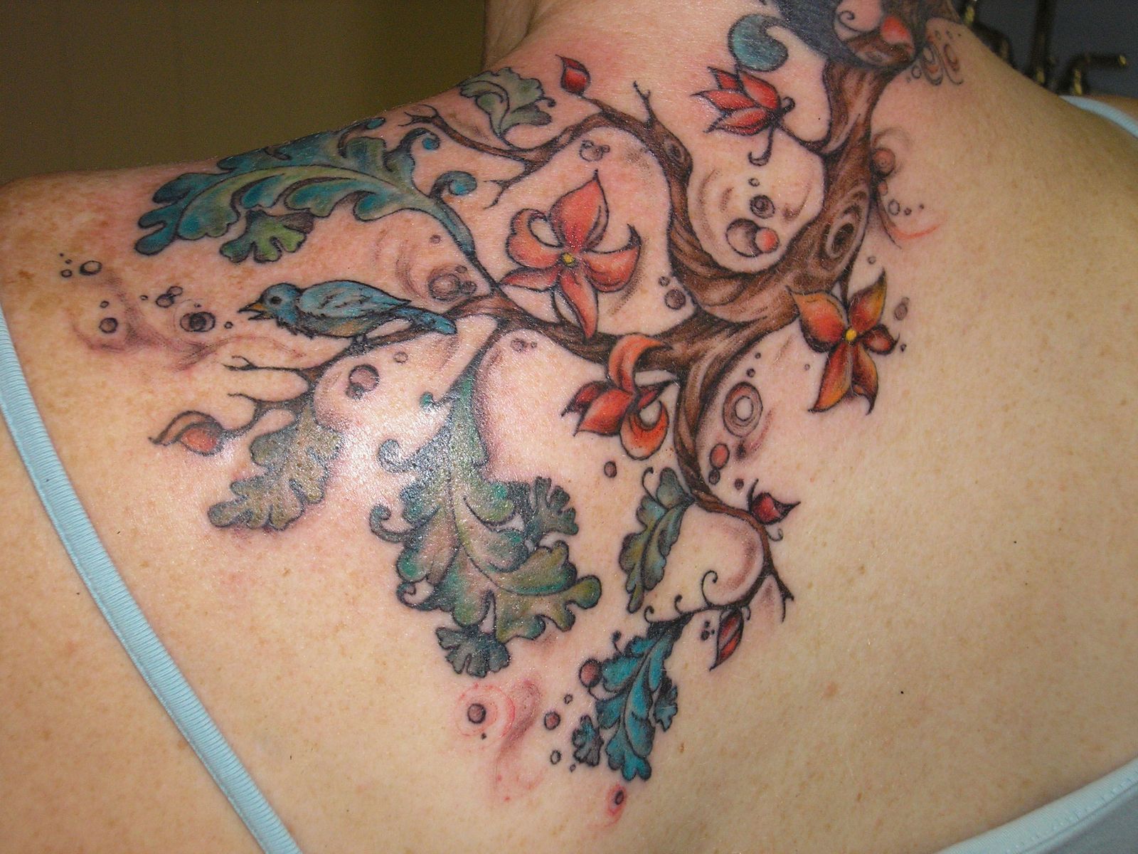 Multicolored Back Tree Tattoo