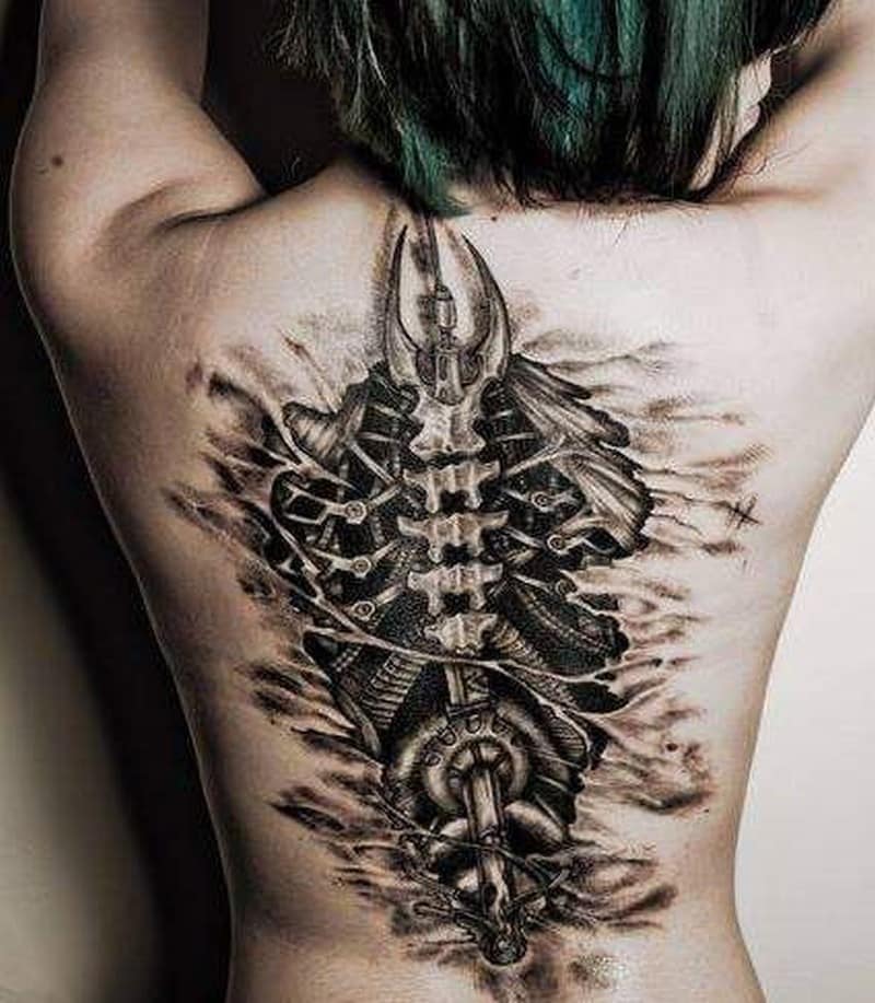 biomechanical spine tattoo on back for girls