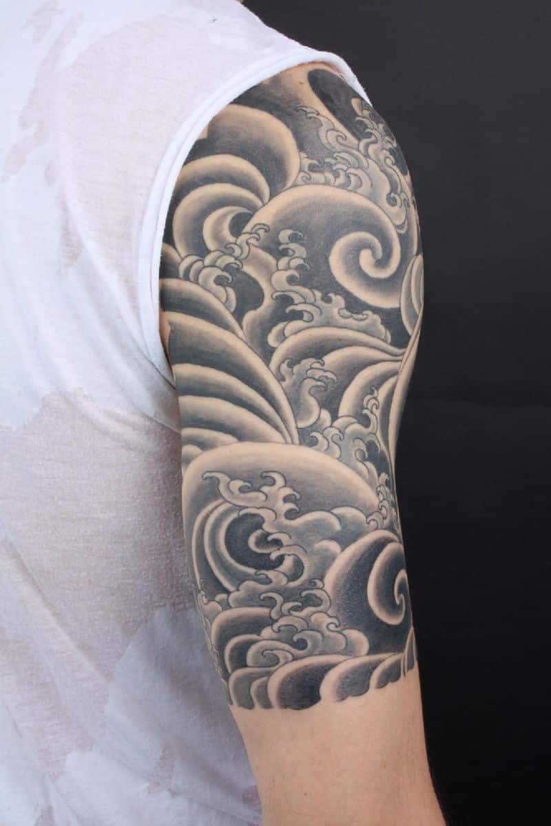 Black And Grey Clouds Tattoo On Right Half Sleeve