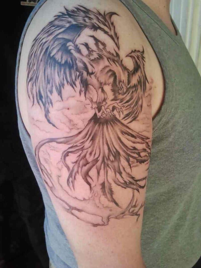 Grey Flying Phoenix Tattoo On Right Arm
