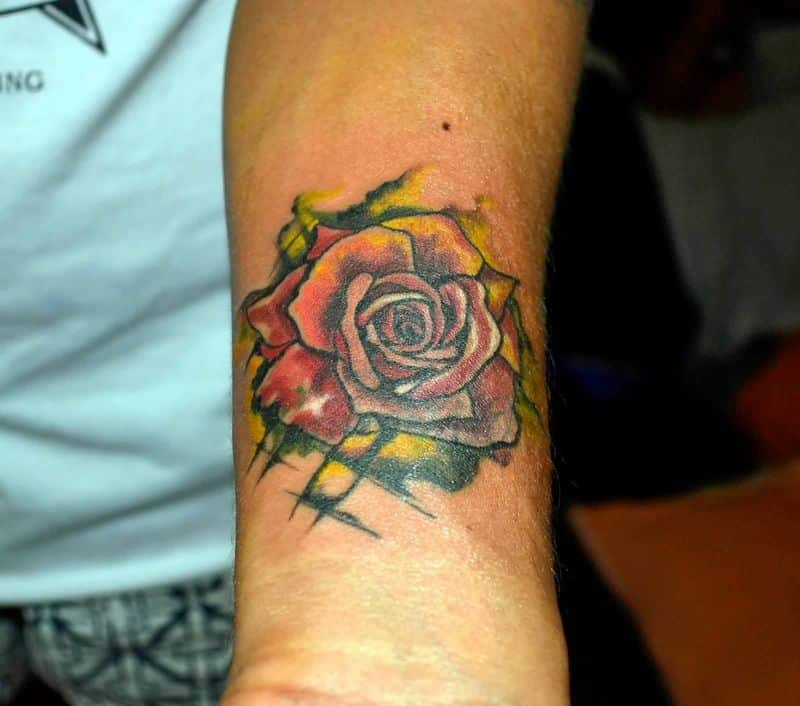 Red Rose Watercolor Tattoo On Wrist