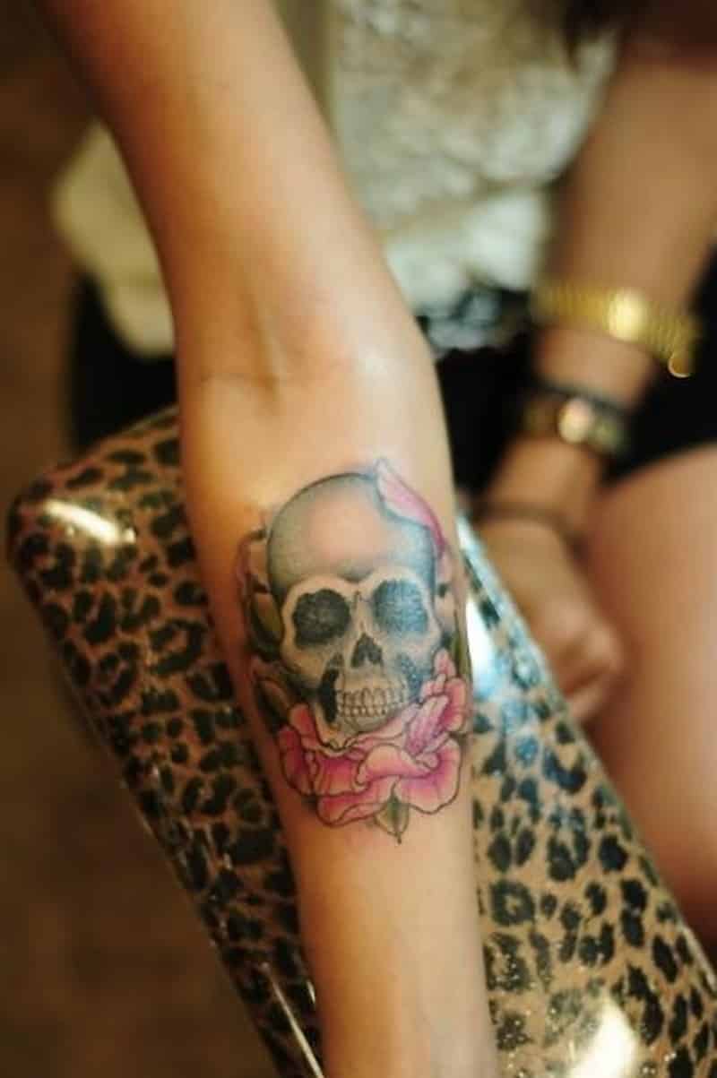 Skull With Rose Forearm Tattoo Design For Women