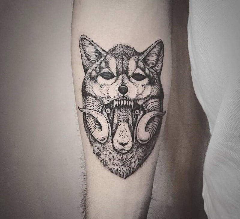 Wolf Sheep Line Art Tattoo