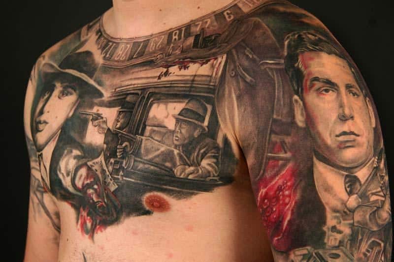 Men Chest Gangsta Faces Tattoo