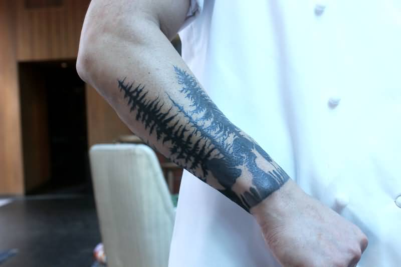 Right Arm Black Ink Forest Tattoo