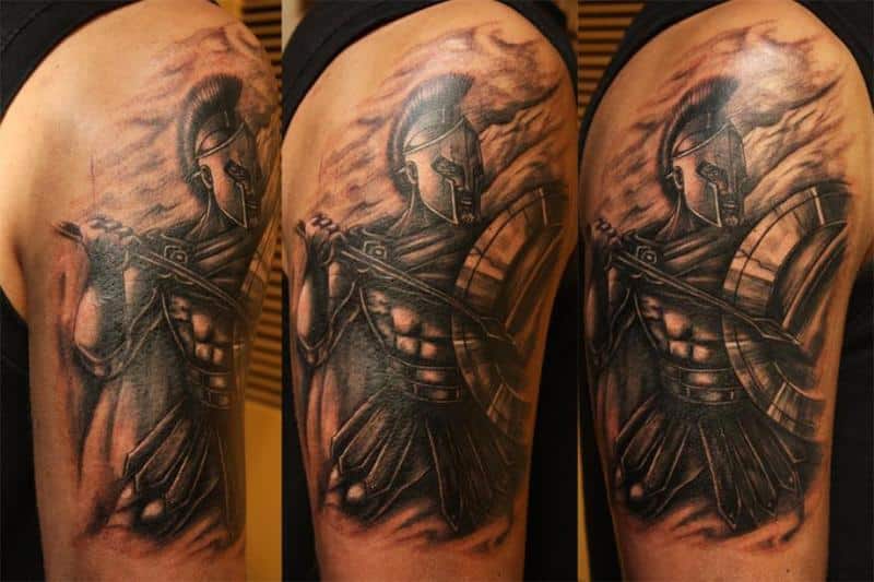 Spartan Warrior Fight Tattoo On Back Shoulder