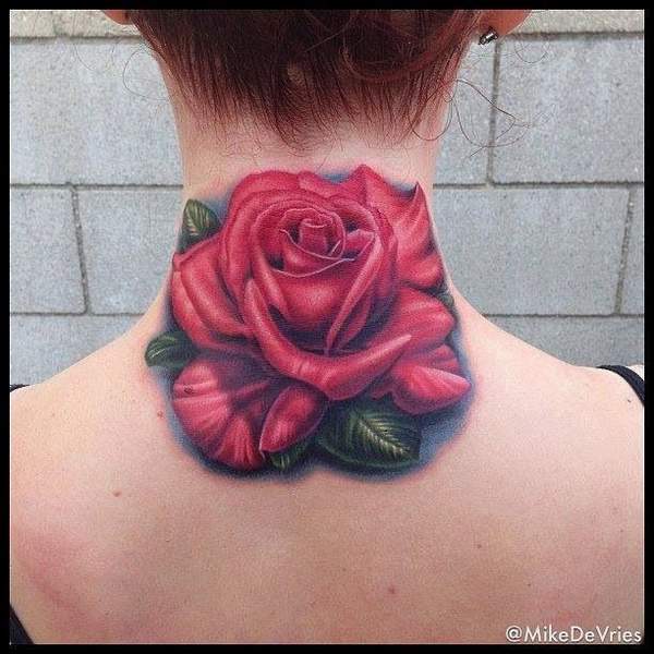 Amazing Rose Tattoo Design On Neck